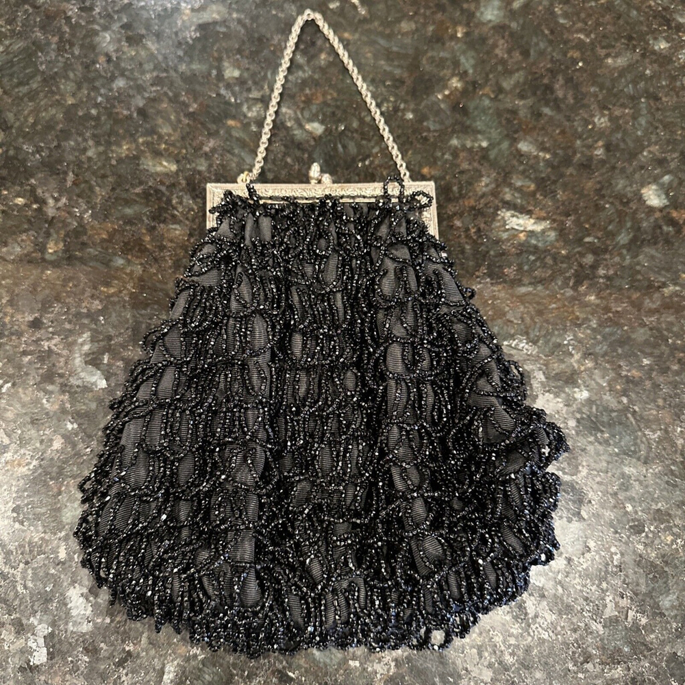 Vintage Ladies Black Beaded Evening Bag Purse Handmade Elegant